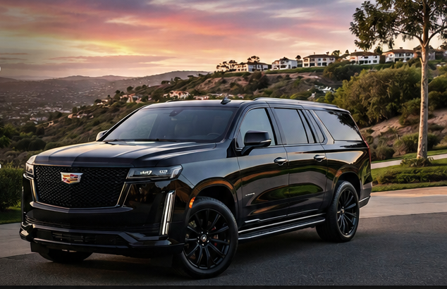 Black luxury Cadillac Escalade ESV with black wheels in Southern California